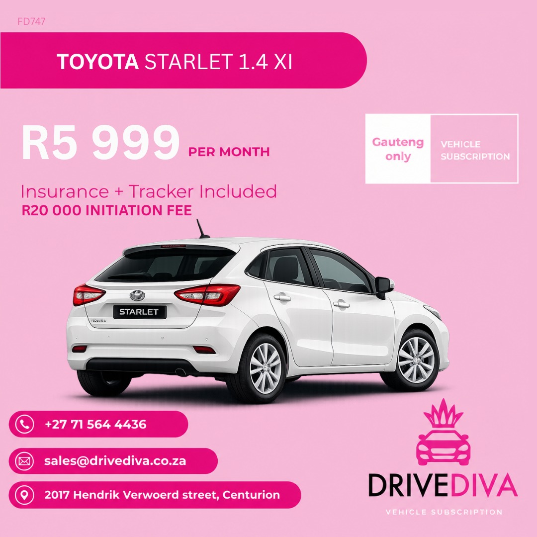 Toyota Starlet 1.4 Xi, R5,999 per month with insurance and tracker included, R20,000 initiation fee. Stock code FD747. Gauteng only.