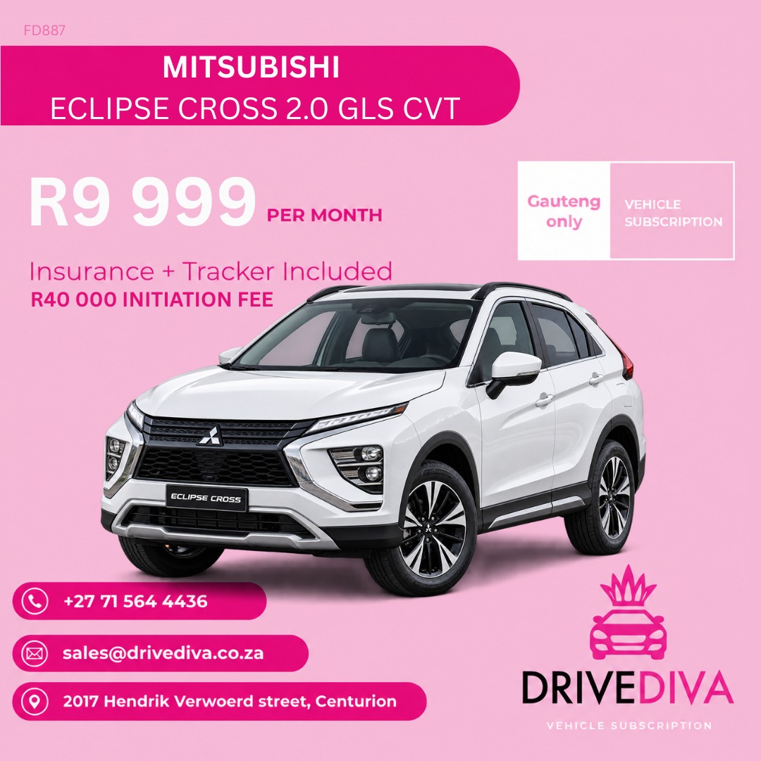 Mitsubishi Eclipse Cross 2.0 GLS CVT, R9,999 per month with insurance and tracker included, R40,000 initiation fee. Stock code FD887. Gauteng only.