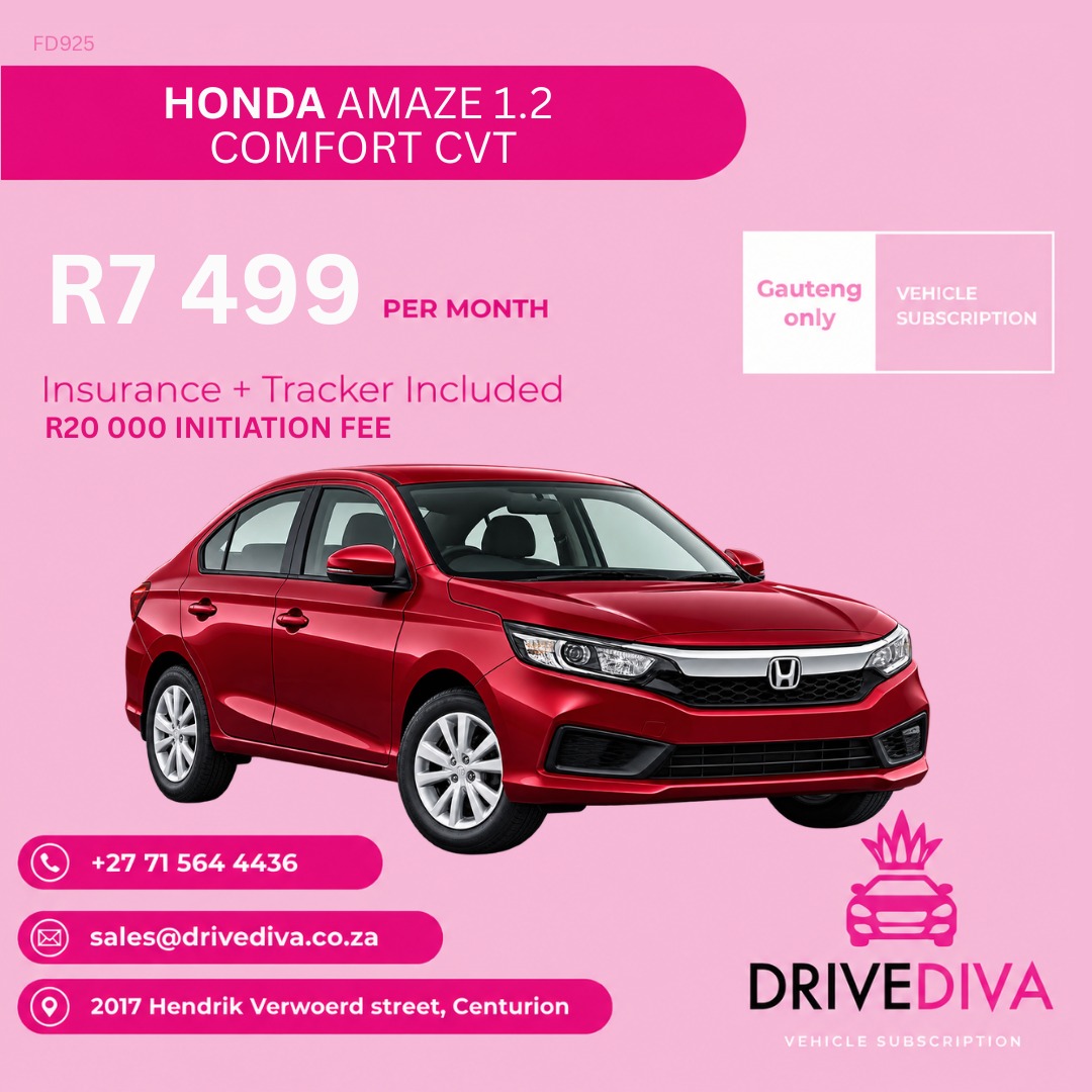 Honda Amaze 1.2 Comfort CVT, R7,499 per month with insurance and tracker included, R20,000 initiation fee. Stock code FD925. Gauteng only.
