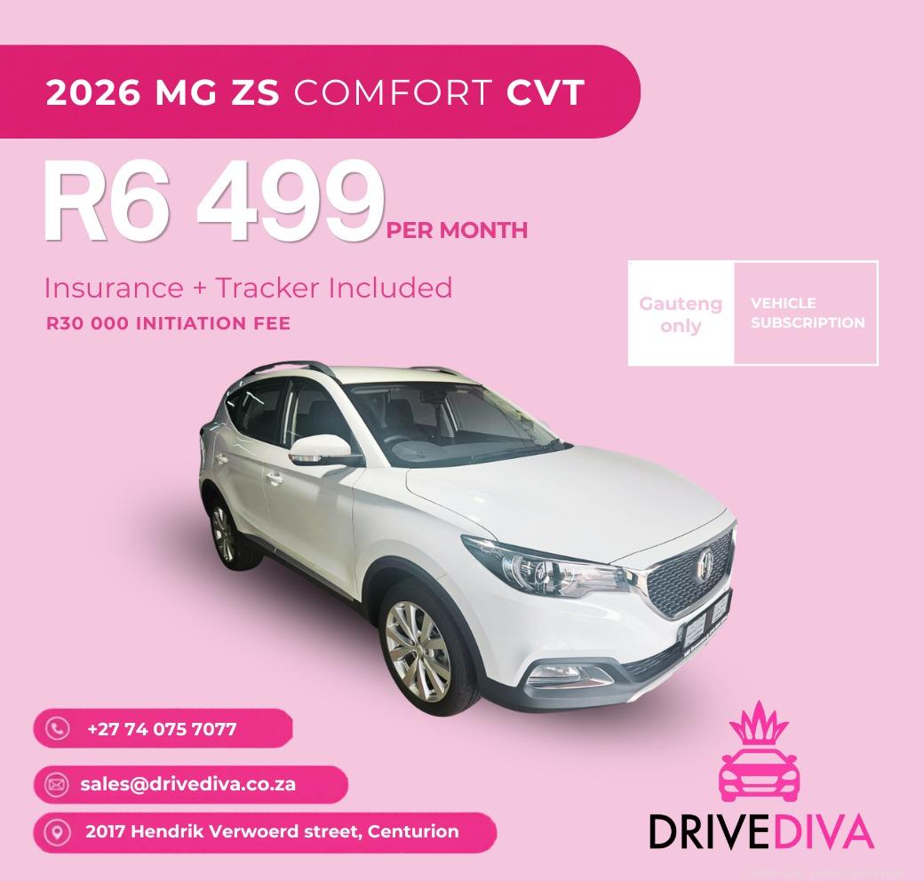 2026 MG ZS Comfort CVT, R6,499 per month with insurance and tracker included, R30,000 initiation fee. Our most popular car. Gauteng only.